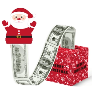 Detailed view of red Christmas money pull gift box with Santa topper and cash strip