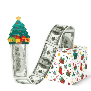 Detailed Christmas money pull box with corrugated paper gift box and tree topper