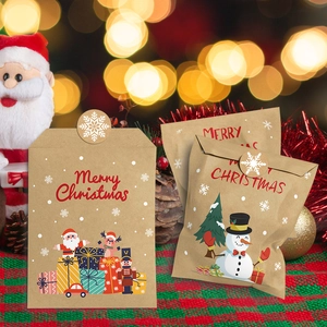 Christmas Kraft paper gift bag set with cartoon holiday patterns and sealing stickers