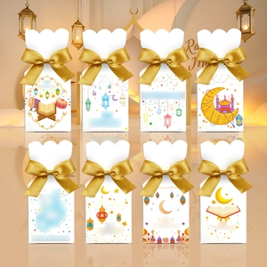 Set of 8 Ramadan Eid gift boxes with gold bows featuring mosque and crescent patterns