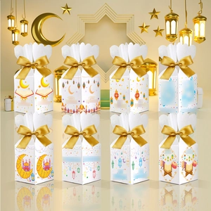Set of 8 Moon Castle Ramadan gift boxes with mosque patterns and gold satin bows