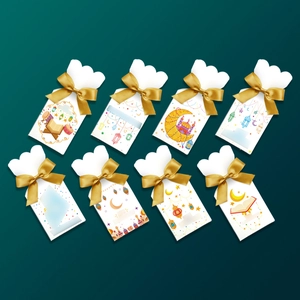Detailed view of Eid gift tags with gold satin bows and moon mosque illustrations