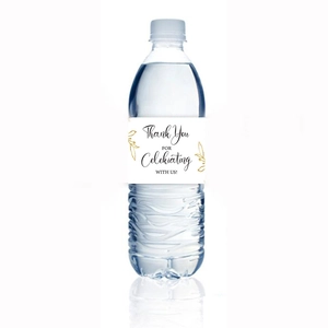Elegant Thank You water bottle labels with gold leaf accents for wedding or party favors