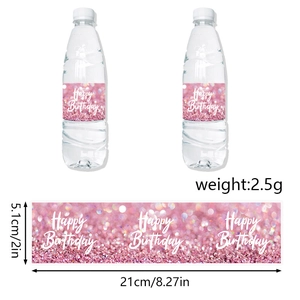 Detail view of Happy Birthday water bottle labels with size 21cm x 5.1cm on pink background