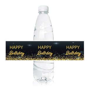 Water bottle featuring a black and gold HAPPY BIRTHDAY decorative sticker label