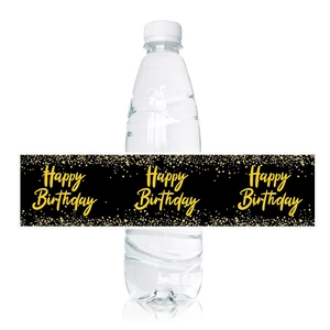 Black and gold Happy Birthday water bottle label stickers for party decorations