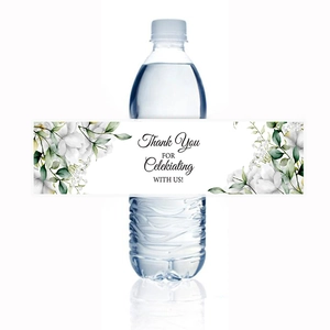 Floral Thank You water bottle labels with watercolor white flowers and green leaves