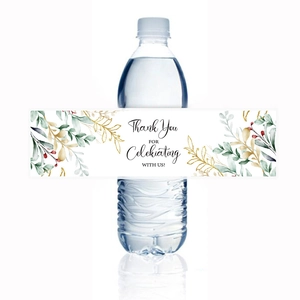 Detail of rectangular Thank You water bottle stickers with watercolor floral patterns