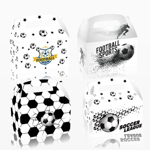 Soccer themed white paper gift boxes with handles in four creative football designs