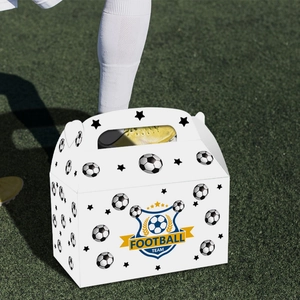 Detail of football team gift box with handle on grass field showing clear window