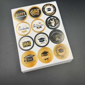 Set of round black and gold graduation stickers with mortarboard and diploma patterns
