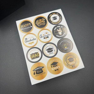 2026 graduation party stickers set featuring black and gold round gift labels with mortarboard caps