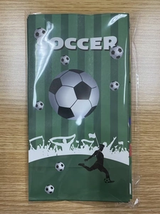 Detailansicht der Fußball-Papiertüte mit grünen Streifen und Sportler-Silhouette