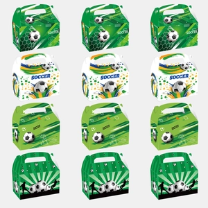 Set of 12 soccer theme paper gift boxes with handles in four different dynamic designs