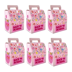 Detail of pink backpack-shaped gift boxes with Back to School print and hand-drawn patterns