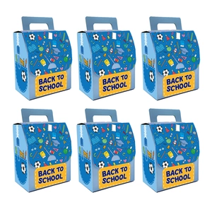 Set of six blue Back to School party treat boxes with school supplies illustrations