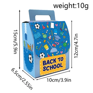 Detailed size chart for Back to School gift box showing height, width, and weight specs