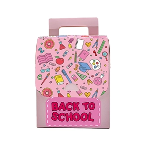 Pink Back to School candy box with stationery doodles and top cutout handle design