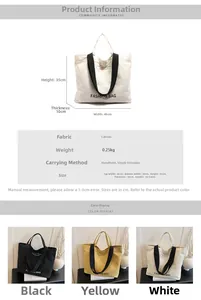 Detail showing high-capacity canvas tote bag dimensions and three available color options