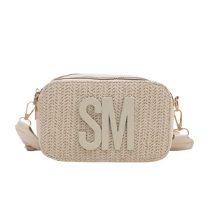 Minimalist beige woven straw camera bag with SM logo and leather shoulder strap