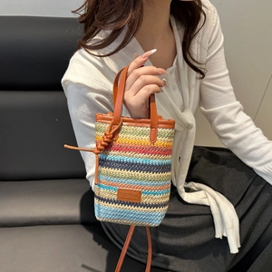 Rainbow striped woven crossbody bag with brown leather handles and fashion logo plaque