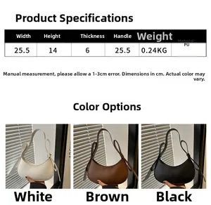 Detailed size chart and three-color variations of the PU crescent underarm bag with bow detail