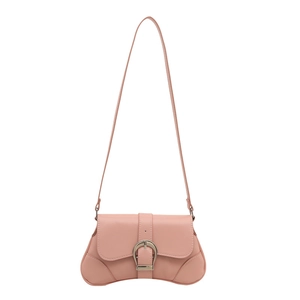 Pink matte leather square shoulder bag with curved base and large silver metal buckle