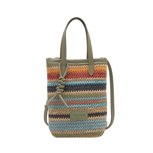 Sac à main tissé rayé multicolore avec poignées vertes et patch en cuir Fashion