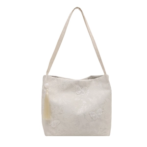 Elegant cream white lace tote bag with butterfly embroidery and silk tassel charm