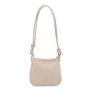 Elegante borsa a secchiello beige a tracolla con tracolla a nodo e testo moda su fondo bianco