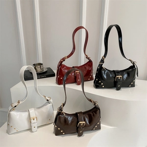 Retro rivet shoulder bags in patent leather available in black, burgundy, coffee, and white
