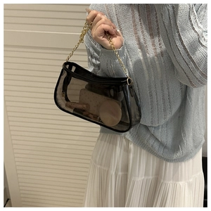 Detail of a transparent black shoulder bag with gold chain and interior storage