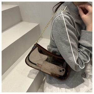Detail view of brown transparent PVC handbag with gold chain strap and brown piping trim