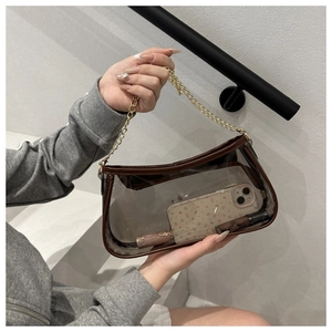 Detail of transparent brown PVC baguette bag with gold chain and interior storage