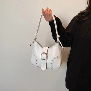 Women Retro PU Leather Underarm Bag Fashion Silver Buckle Rivet Decor Shoulder Bag Niche Design Casual Commuter Hobo Handbag