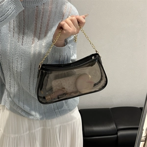 Women's Transparent PVC Shoulder Bag With Gold Chain Strap Fashion Retro Underarm Bag For Daily Travel Summer Clear Purse