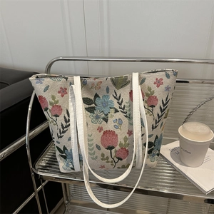 Floral Jacquard Tote Bag Large Capacity Retro Shoulder Handbag With Leather Handles Women Fashion Daily Travel