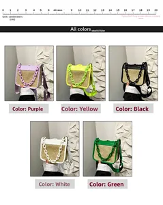 Detail view of woven straw shoulder bags in purple yellow black white and green variants