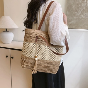 Woven Straw Tote Bag Hollow Out Color Block Shoulder Handbag With PU Leather Strap Tassel Charm Summer Beach For Women