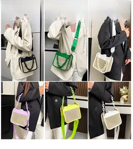 Collage of fashion straw crossbody bags in five colors shown on model in modern setting