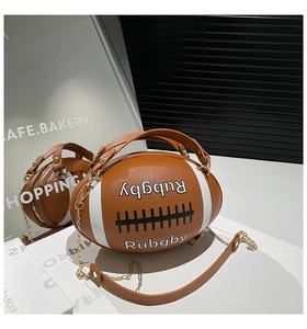 Detail of rugby shaped crossbody bag with brown lychee texture and chain strap