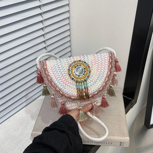 Sac À Bandoulière Tissé Bohème Avec Glands Motif Perlé Forme Selle Demi-Ronde Pour Femmes Plage Ethnique