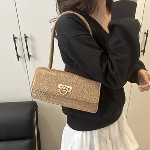 Retro crocodile pattern baguette bag with gold metal lock buckle in khaki color