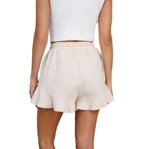 Women's high waist cotton linen shorts with ruffle hem and elastic drawstring waistband