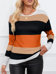 Dames T-shirt met ronde hals en lange mouwen met oranje en kaki kleurblokstrepen