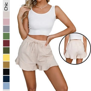 Women Casual Shorts Ruffle Hem High Waist Elastic Drawstring Cotton Summer Beach Relaxed Fit Fashion Female
