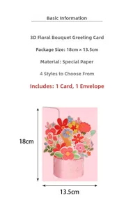 Détail de la carte de vœux florale 3D avec tulipes roses et dimensions 18cm x 13,5cm