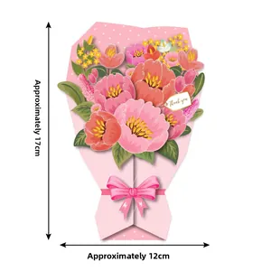 3D pop-up flower bouquet thank you greeting card with pink blossoms and ribbon, 17x12cm