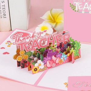 Detailed 3D pop-up card for Teacher Day featuring pink Thank You Teacher floral art