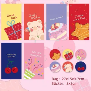 Pink festive gift bags set with cute cartoon bear patterns and matching stickers
